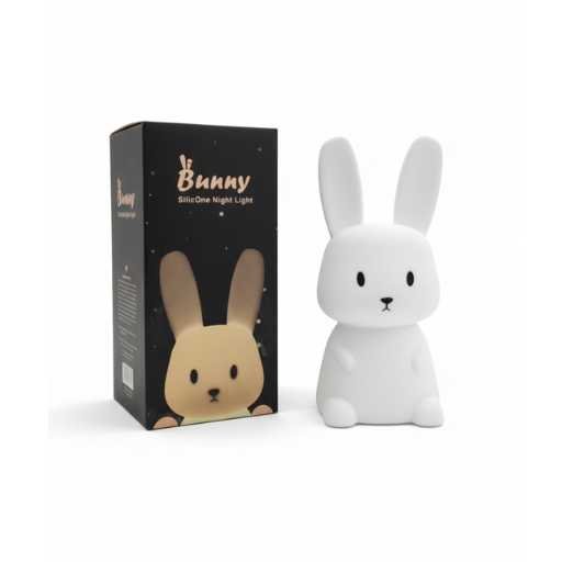 مصباح الأرنب الليلي للأطفال من السيليكون بجانب علبته الأصلية
