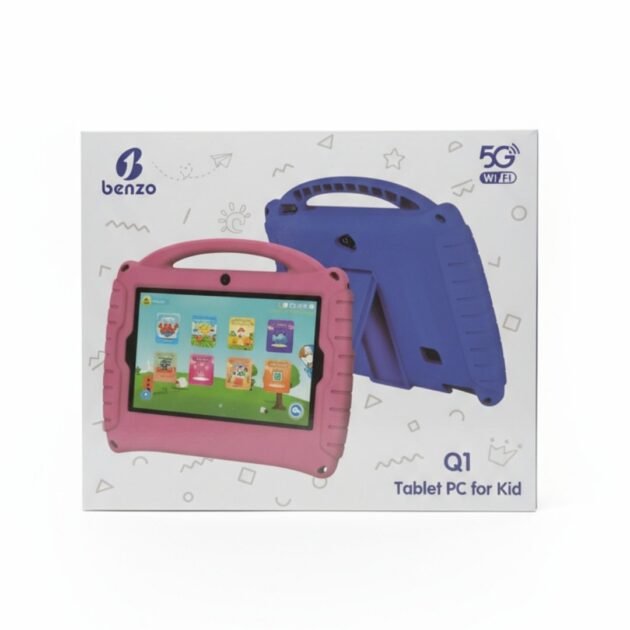 Benzo Q1 تابلت تعليمي للأطفال بألوان وردي وأزرق مع غطاء حماية